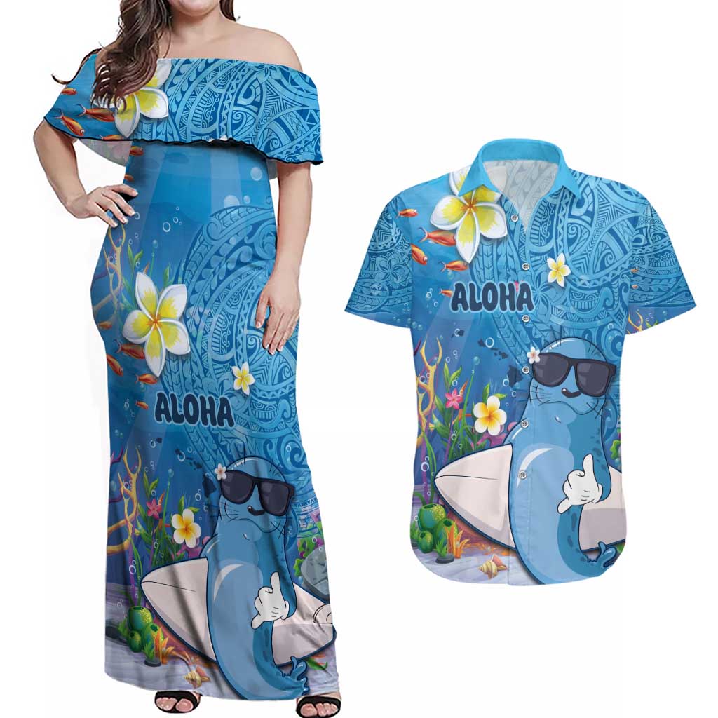 Aloha Hawaiian Monk Seal Couples Matching Off Shoulder Maxi Dress and Hawaiian Shirt Polynesian Tattoo The Ocean and Undersea Vibe LT03 Blue - Polynesian Pride