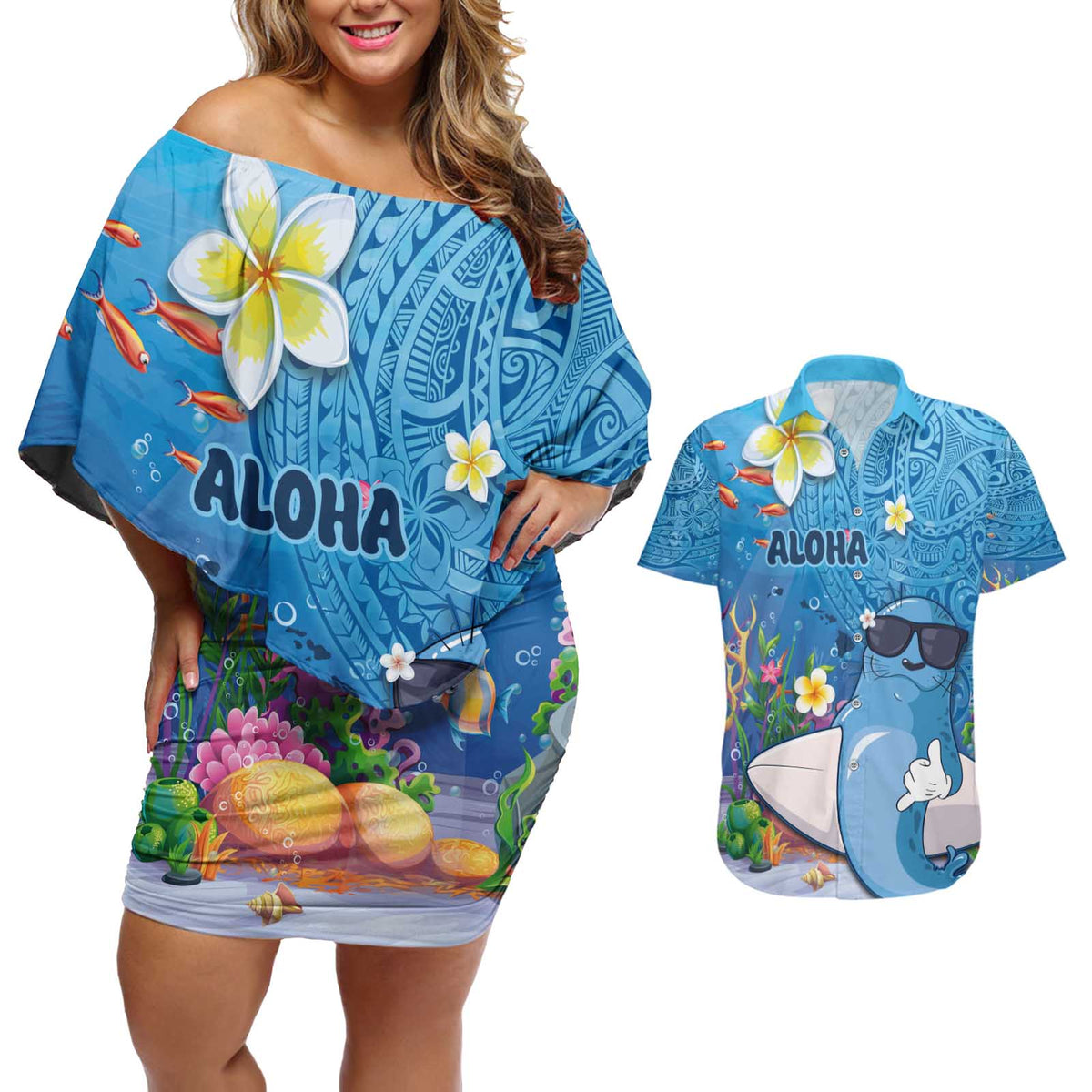 Aloha Hawaiian Monk Seal Couples Matching Off Shoulder Short Dress and Hawaiian Shirt Polynesian Tattoo The Ocean and Undersea Vibe LT03 Blue - Polynesian Pride