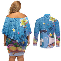 Aloha Hawaiian Monk Seal Couples Matching Off Shoulder Short Dress and Long Sleeve Button Shirt Polynesian Tattoo The Ocean and Undersea Vibe LT03 - Polynesian Pride