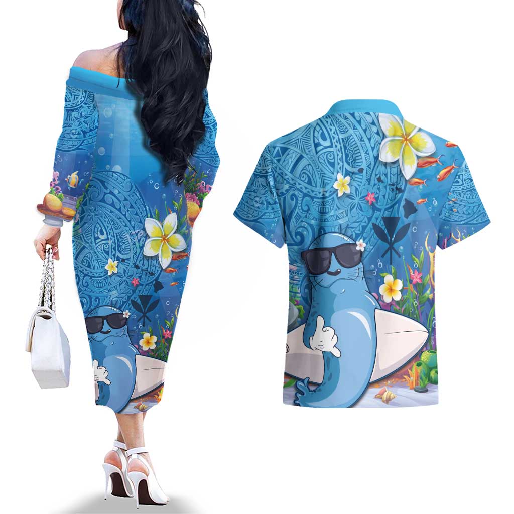 Aloha Hawaiian Monk Seal Couples Matching Off The Shoulder Long Sleeve Dress and Hawaiian Shirt Polynesian Tattoo The Ocean and Undersea Vibe LT03 - Polynesian Pride