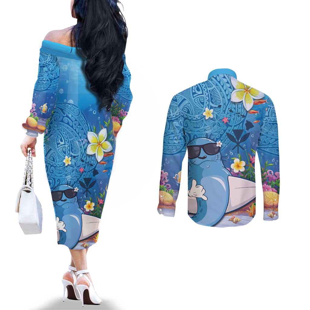 Aloha Hawaiian Monk Seal Couples Matching Off The Shoulder Long Sleeve Dress and Long Sleeve Button Shirt Polynesian Tattoo The Ocean and Undersea Vibe LT03 - Polynesian Pride