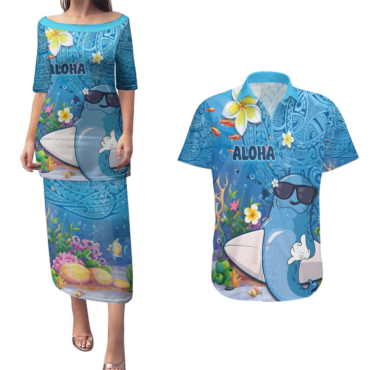 Aloha Hawaiian Monk Seal Couples Matching Puletasi and Hawaiian Shirt Polynesian Tattoo The Ocean and Undersea Vibe LT03 Blue - Polynesian Pride
