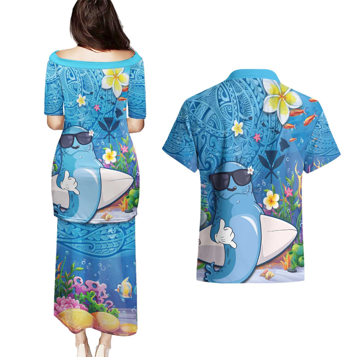 Aloha Hawaiian Monk Seal Couples Matching Puletasi and Hawaiian Shirt Polynesian Tattoo The Ocean and Undersea Vibe LT03 - Polynesian Pride