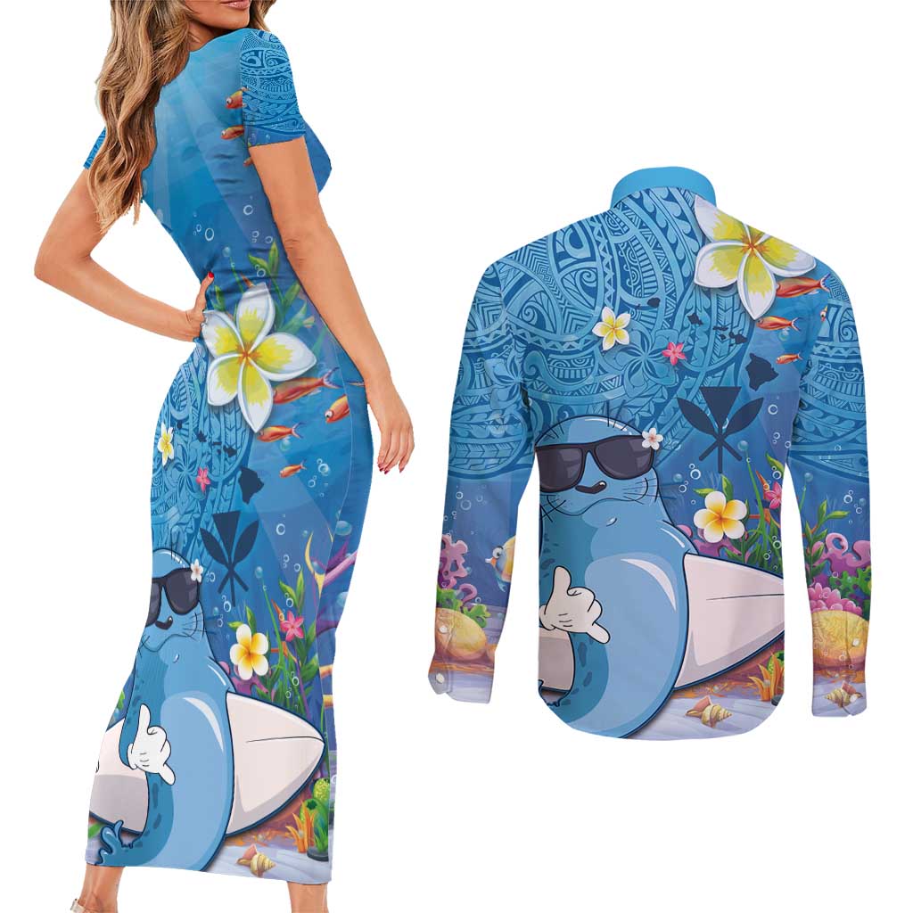 Aloha Hawaiian Monk Seal Couples Matching Short Sleeve Bodycon Dress and Long Sleeve Button Shirt Polynesian Tattoo The Ocean and Undersea Vibe LT03 - Polynesian Pride