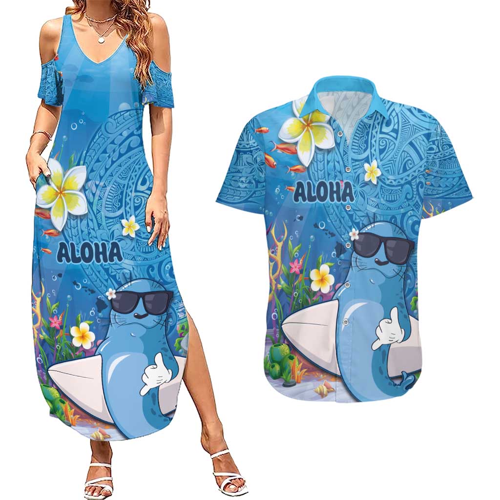 Aloha Hawaiian Monk Seal Couples Matching Summer Maxi Dress and Hawaiian Shirt Polynesian Tattoo The Ocean and Undersea Vibe LT03 Blue - Polynesian Pride