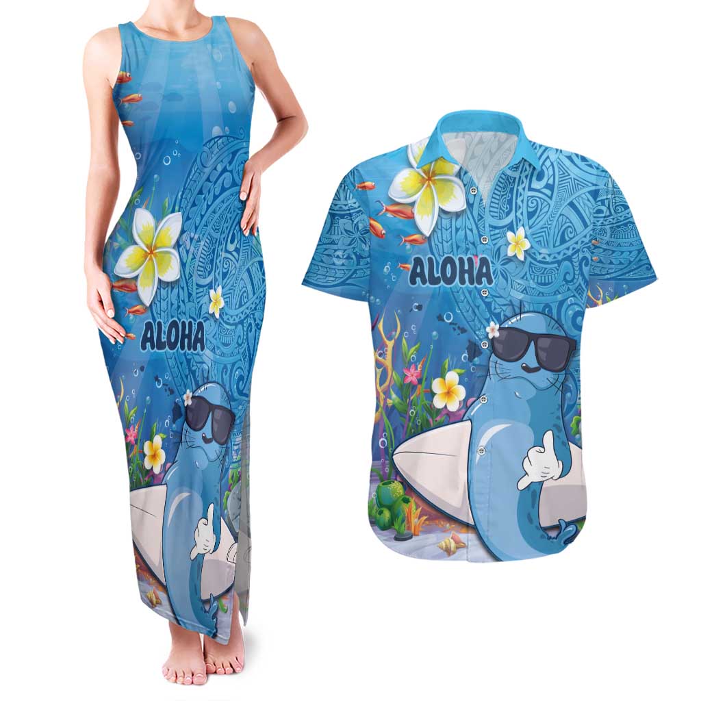 Aloha Hawaiian Monk Seal Couples Matching Tank Maxi Dress and Hawaiian Shirt Polynesian Tattoo The Ocean and Undersea Vibe LT03 Blue - Polynesian Pride