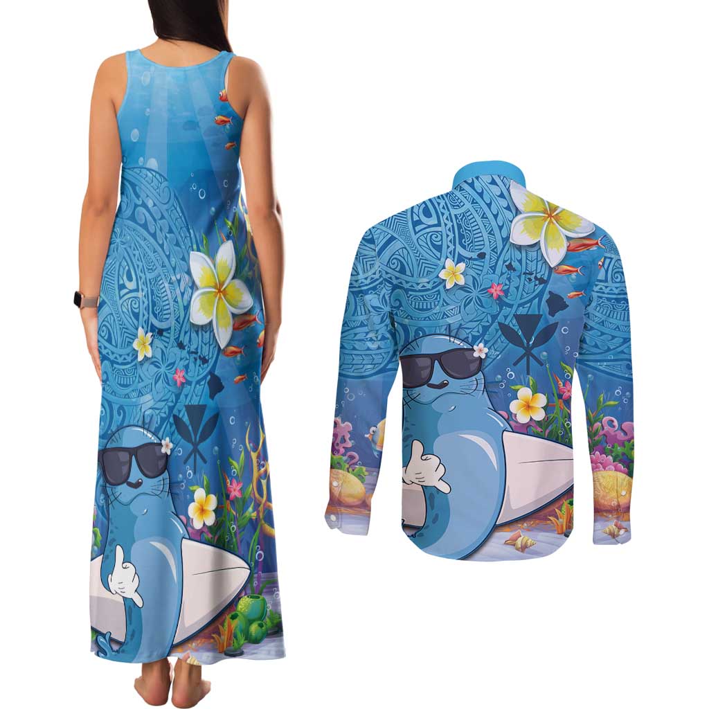 Aloha Hawaiian Monk Seal Couples Matching Tank Maxi Dress and Long Sleeve Button Shirt Polynesian Tattoo The Ocean and Undersea Vibe LT03 - Polynesian Pride