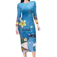 Aloha Hawaiian Monk Seal Family Matching Long Sleeve Bodycon Dress and Hawaiian Shirt Polynesian Tattoo The Ocean and Undersea Vibe LT03 Mom's Dress Blue - Polynesian Pride