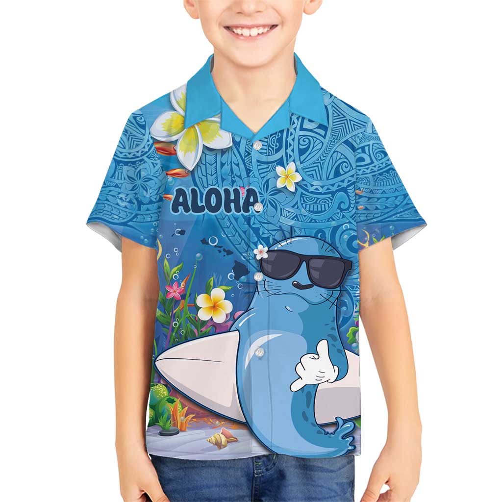 Aloha Hawaiian Monk Seal Family Matching Long Sleeve Bodycon Dress and Hawaiian Shirt Polynesian Tattoo The Ocean and Undersea Vibe LT03 Son's Shirt Blue - Polynesian Pride