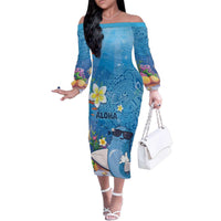 Aloha Hawaiian Monk Seal Family Matching Off The Shoulder Long Sleeve Dress and Hawaiian Shirt Polynesian Tattoo The Ocean and Undersea Vibe LT03 Mom's Dress Blue - Polynesian Pride