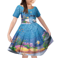 Aloha Hawaiian Monk Seal Family Matching Off Shoulder Maxi Dress and Hawaiian Shirt Polynesian Tattoo The Ocean and Undersea Vibe LT03 Daughter's Dress Blue - Polynesian Pride