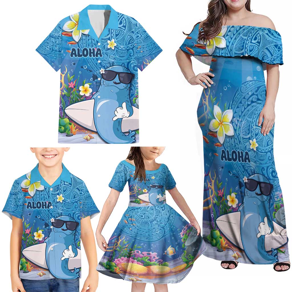 Aloha Hawaiian Monk Seal Family Matching Off Shoulder Maxi Dress and Hawaiian Shirt Polynesian Tattoo The Ocean and Undersea Vibe LT03 - Polynesian Pride