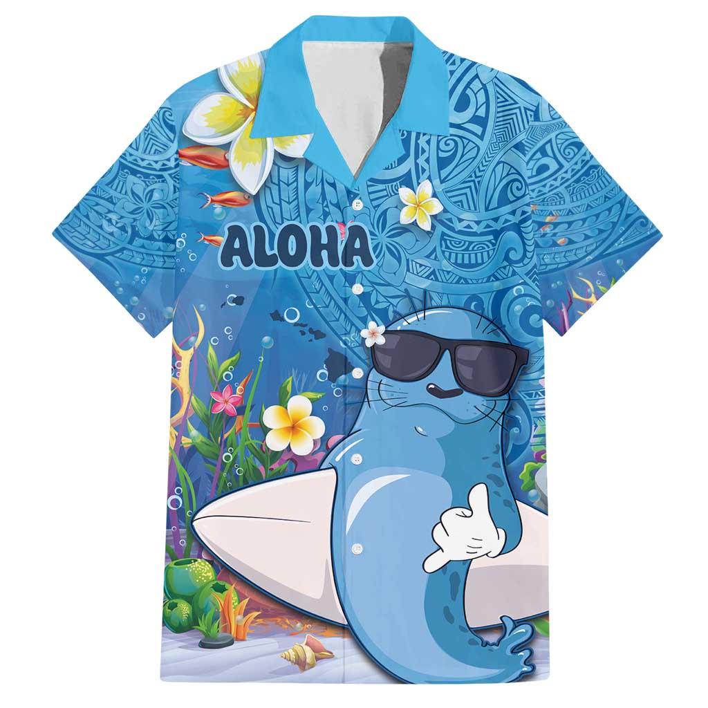 Aloha Hawaiian Monk Seal Family Matching Off Shoulder Maxi Dress and Hawaiian Shirt Polynesian Tattoo The Ocean and Undersea Vibe LT03 Dad's Shirt - Short Sleeve Blue - Polynesian Pride