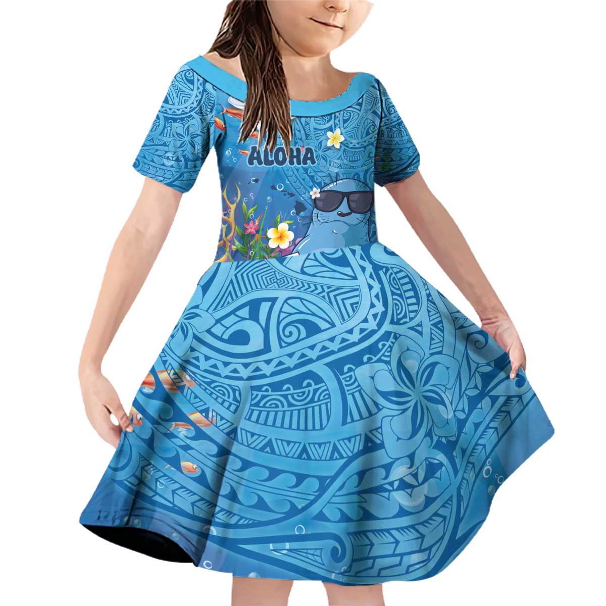 Aloha Hawaiian Monk Seal Family Matching Off Shoulder Short Dress and Hawaiian Shirt Polynesian Tattoo The Ocean and Undersea Vibe LT03 Daughter's Dress Blue - Polynesian Pride