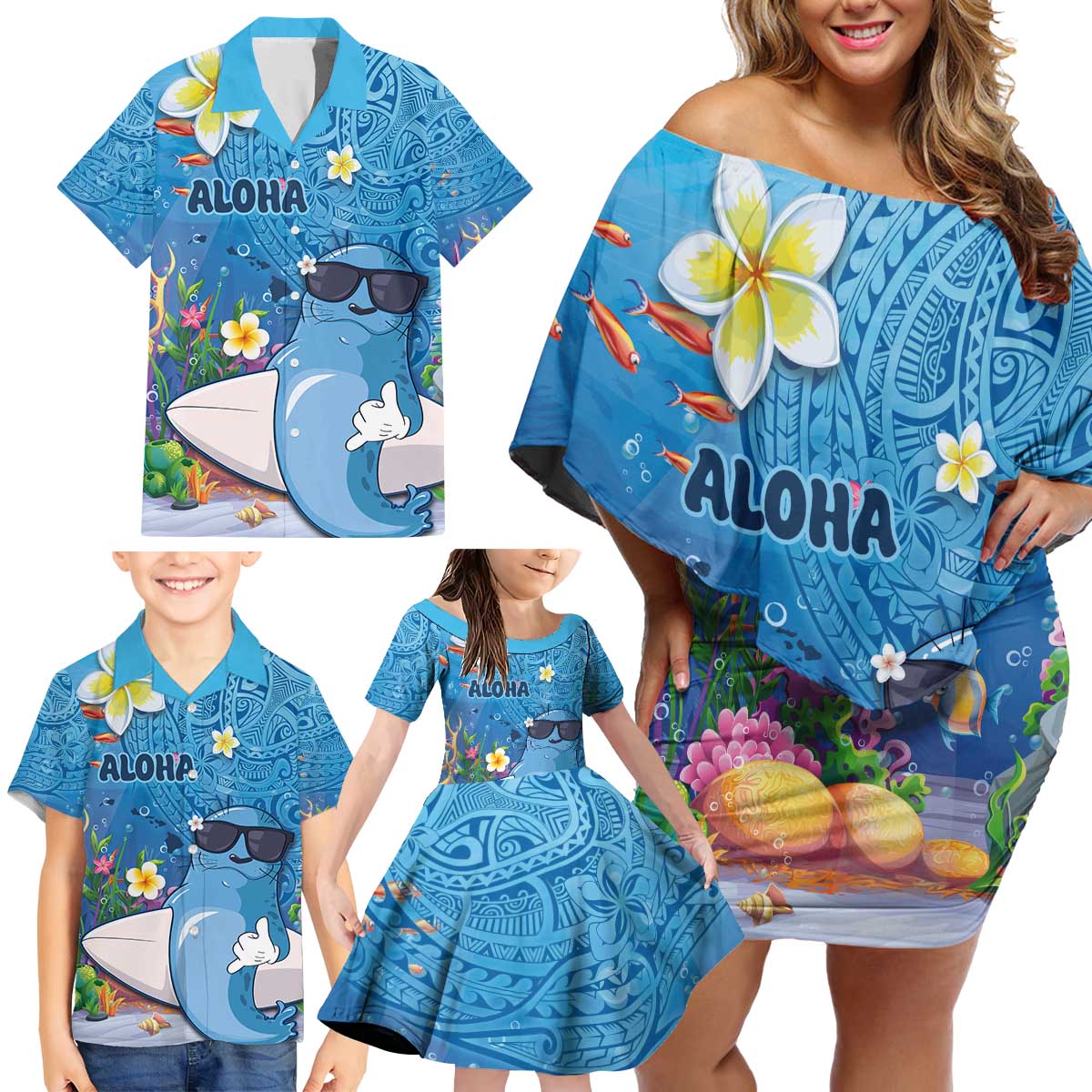 Aloha Hawaiian Monk Seal Family Matching Off Shoulder Short Dress and Hawaiian Shirt Polynesian Tattoo The Ocean and Undersea Vibe LT03 - Polynesian Pride