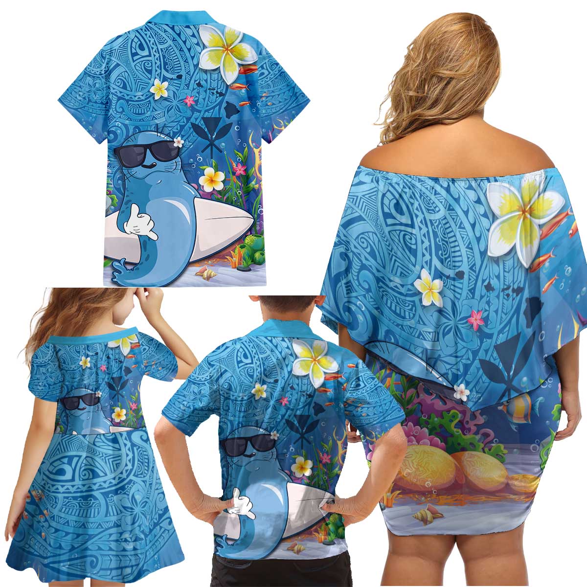 Aloha Hawaiian Monk Seal Family Matching Off Shoulder Short Dress and Hawaiian Shirt Polynesian Tattoo The Ocean and Undersea Vibe LT03 - Polynesian Pride