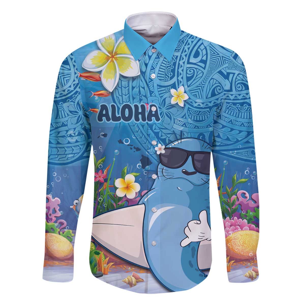Aloha Hawaiian Monk Seal Family Matching Off Shoulder Short Dress and Hawaiian Shirt Polynesian Tattoo The Ocean and Undersea Vibe LT03 Dad's Shirt - Long Sleeve Blue - Polynesian Pride