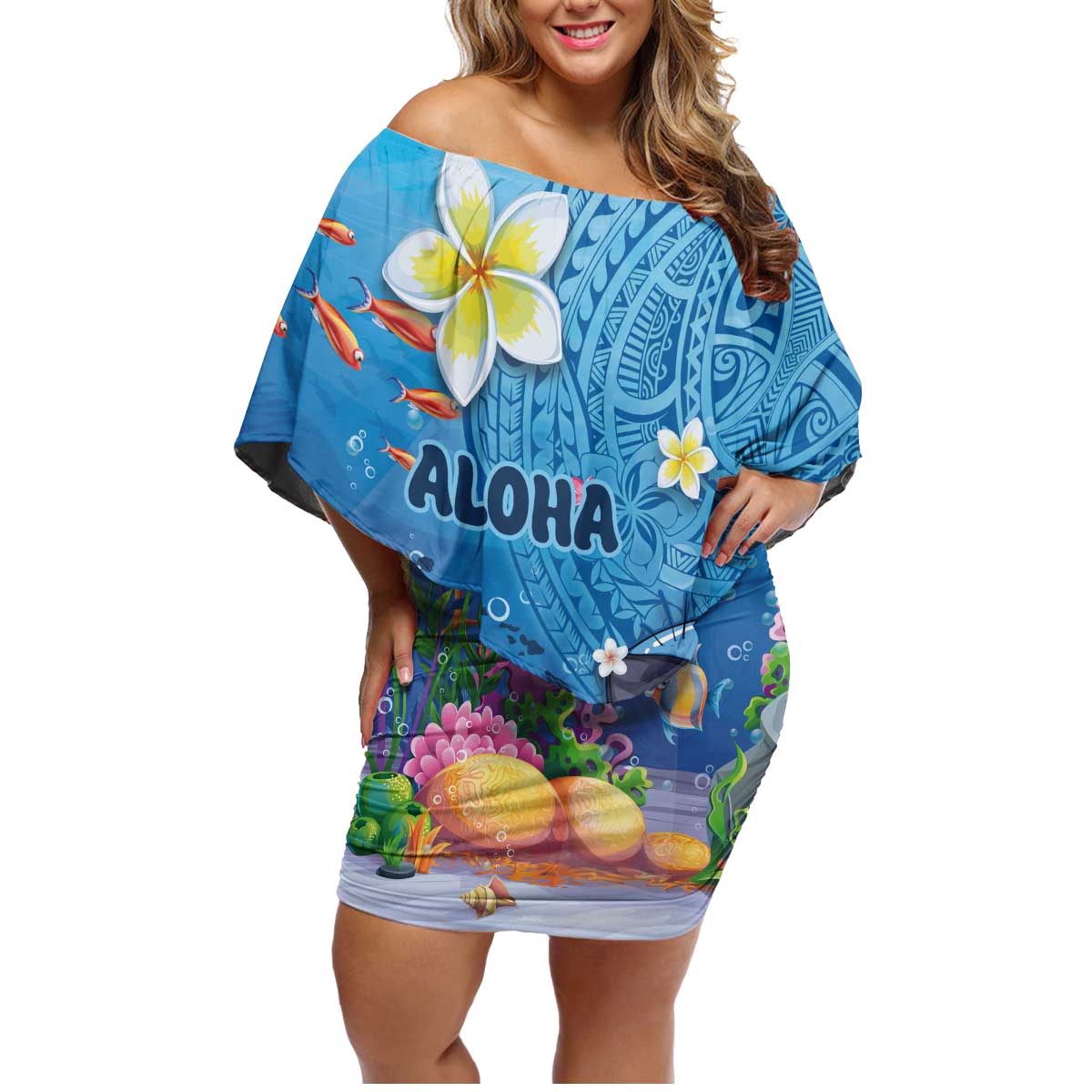 Aloha Hawaiian Monk Seal Family Matching Off Shoulder Short Dress and Hawaiian Shirt Polynesian Tattoo The Ocean and Undersea Vibe LT03 Mom's Dress Blue - Polynesian Pride