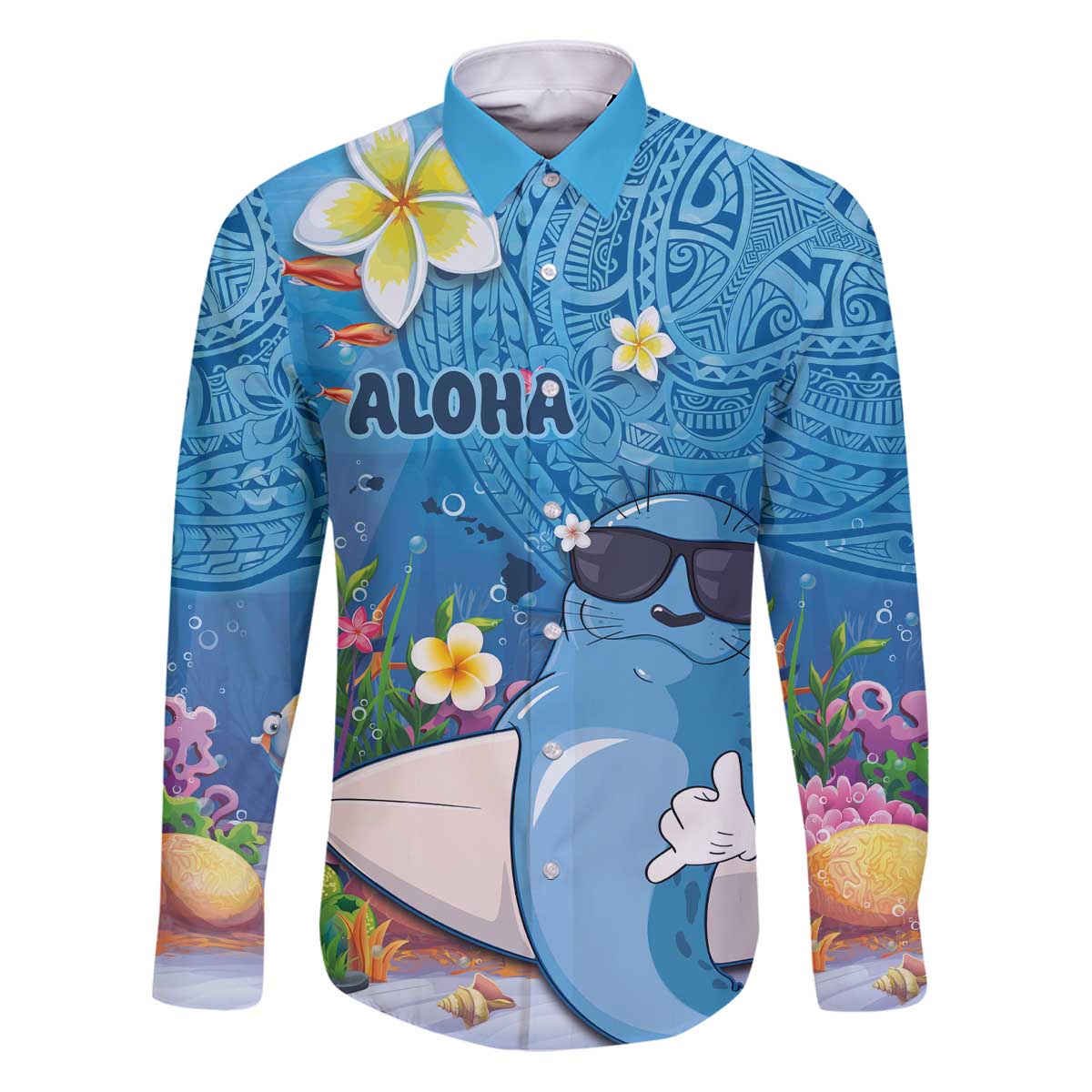 Aloha Hawaiian Monk Seal Family Matching Puletasi and Hawaiian Shirt Polynesian Tattoo The Ocean and Undersea Vibe LT03 Dad's Shirt - Long Sleeve Blue - Polynesian Pride