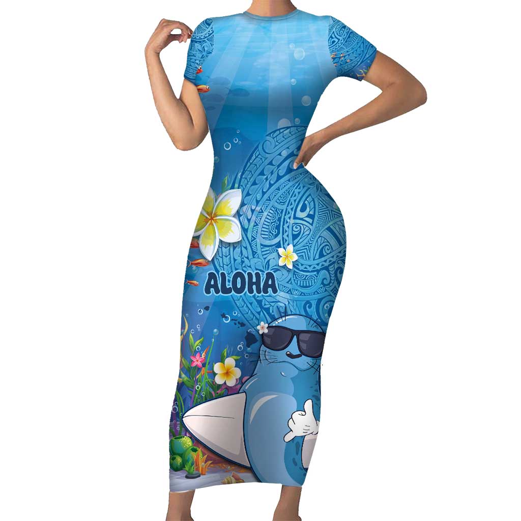 Aloha Hawaiian Monk Seal Family Matching Short Sleeve Bodycon Dress and Hawaiian Shirt Polynesian Tattoo The Ocean and Undersea Vibe LT03 Mom's Dress Blue - Polynesian Pride