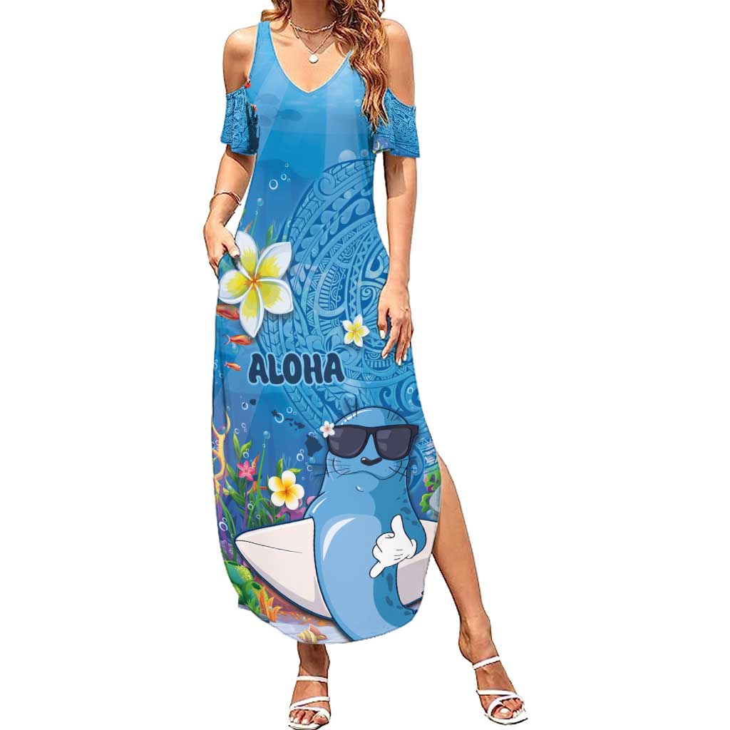 Aloha Hawaiian Monk Seal Family Matching Summer Maxi Dress and Hawaiian Shirt Polynesian Tattoo The Ocean and Undersea Vibe LT03 Mom's Dress Blue - Polynesian Pride