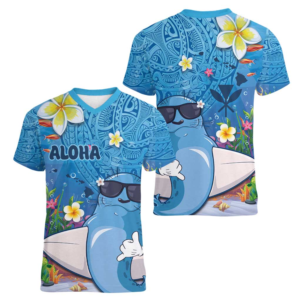 Aloha Hawaiian Monk Seal Women V-Neck T-Shirt Polynesian Tattoo The Ocean and Undersea Vibe LT03 - Polynesian Pride