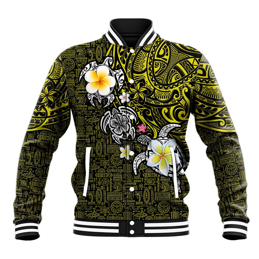 Hawaiian Turtle and Plumeria Baseball Jacket Polynesian Tattoo and Tribal Elements Pattern Yellow Color