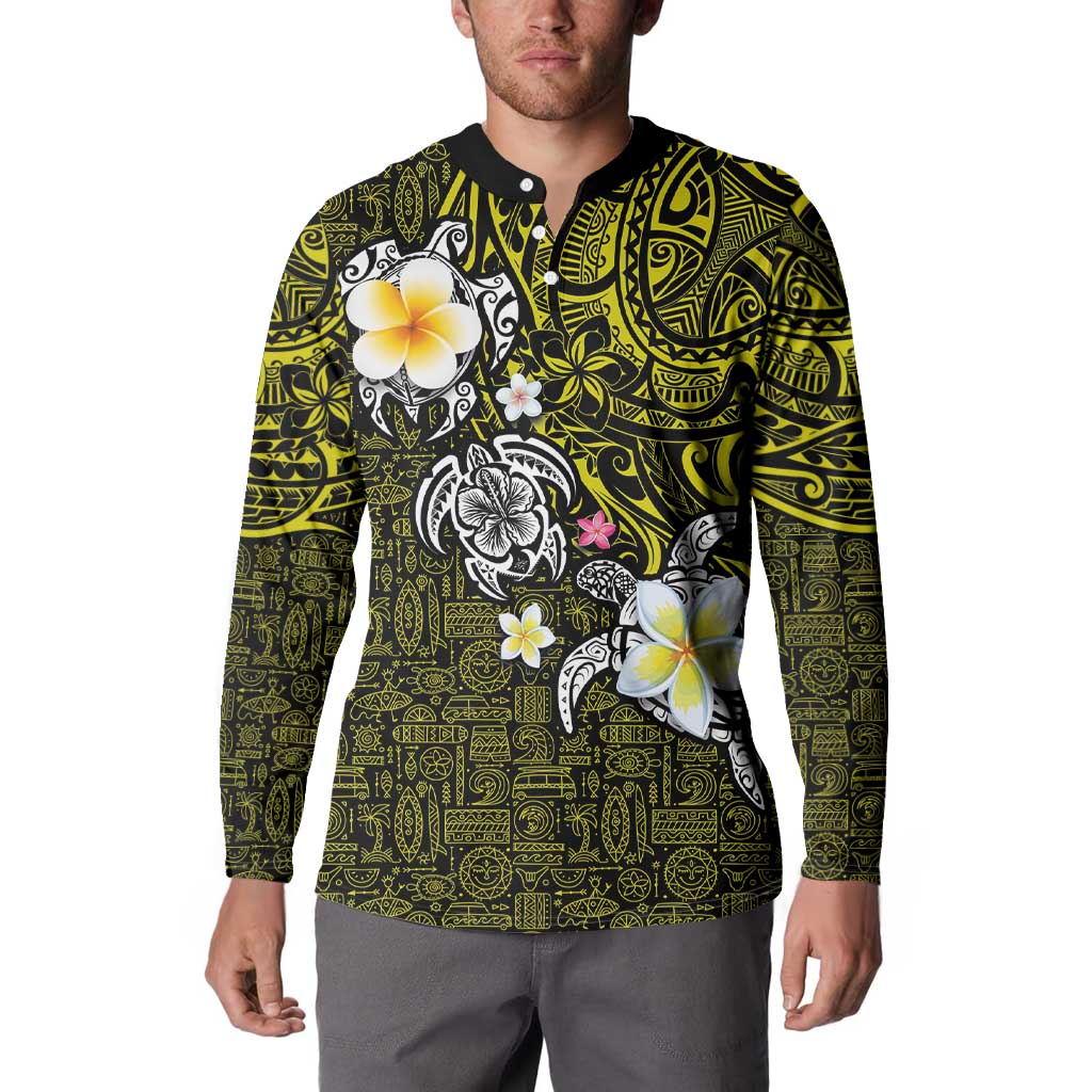 Hawaiian Turtle and Plumeria Button Sweatshirt Polynesian Tattoo and Tribal Elements Pattern Yellow Color