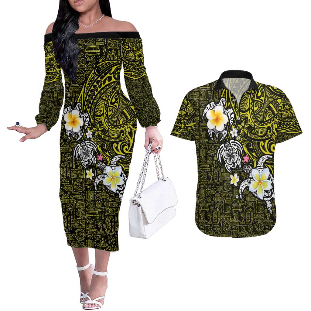Hawaiian Turtle and Plumeria Couples Matching Off The Shoulder Long Sleeve Dress and Hawaiian Shirt Polynesian Tattoo and Tribal Elements Pattern Yellow Color LT03 Yellow - Polynesian Pride