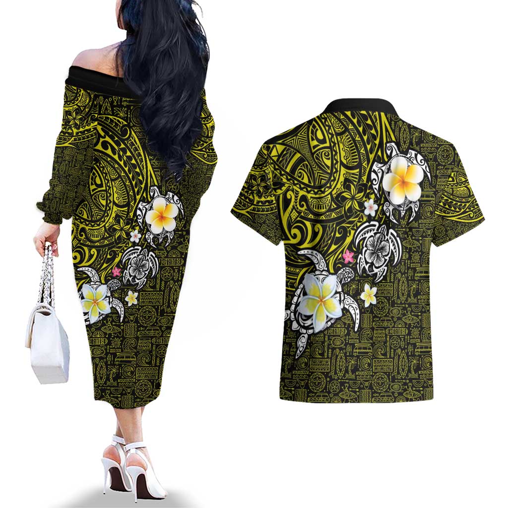 Hawaiian Turtle and Plumeria Couples Matching Off The Shoulder Long Sleeve Dress and Hawaiian Shirt Polynesian Tattoo and Tribal Elements Pattern Yellow Color LT03 - Polynesian Pride
