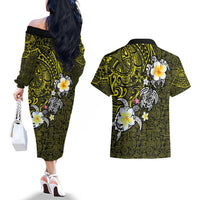 Hawaiian Turtle and Plumeria Couples Matching Off The Shoulder Long Sleeve Dress and Hawaiian Shirt Polynesian Tattoo and Tribal Elements Pattern Yellow Color LT03 - Polynesian Pride