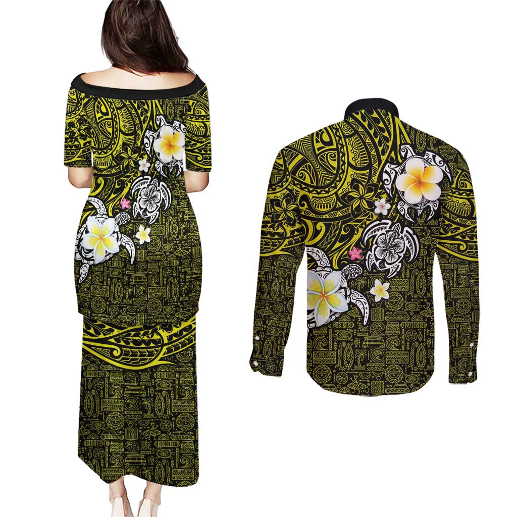Hawaiian Turtle and Plumeria Couples Matching Puletasi and Long Sleeve Button Shirt Polynesian Tattoo and Tribal Elements Pattern Yellow Color