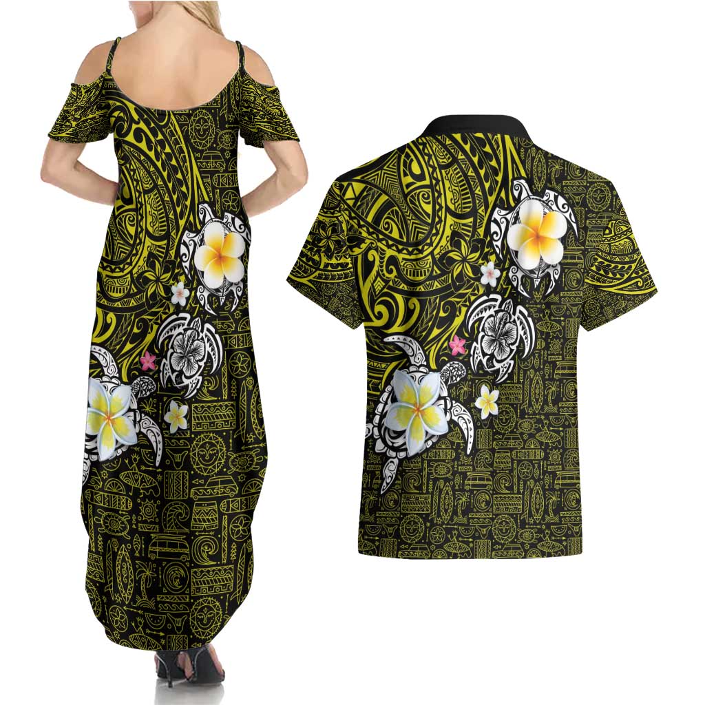 Hawaiian Turtle and Plumeria Couples Matching Summer Maxi Dress and Hawaiian Shirt Polynesian Tattoo and Tribal Elements Pattern Yellow Color