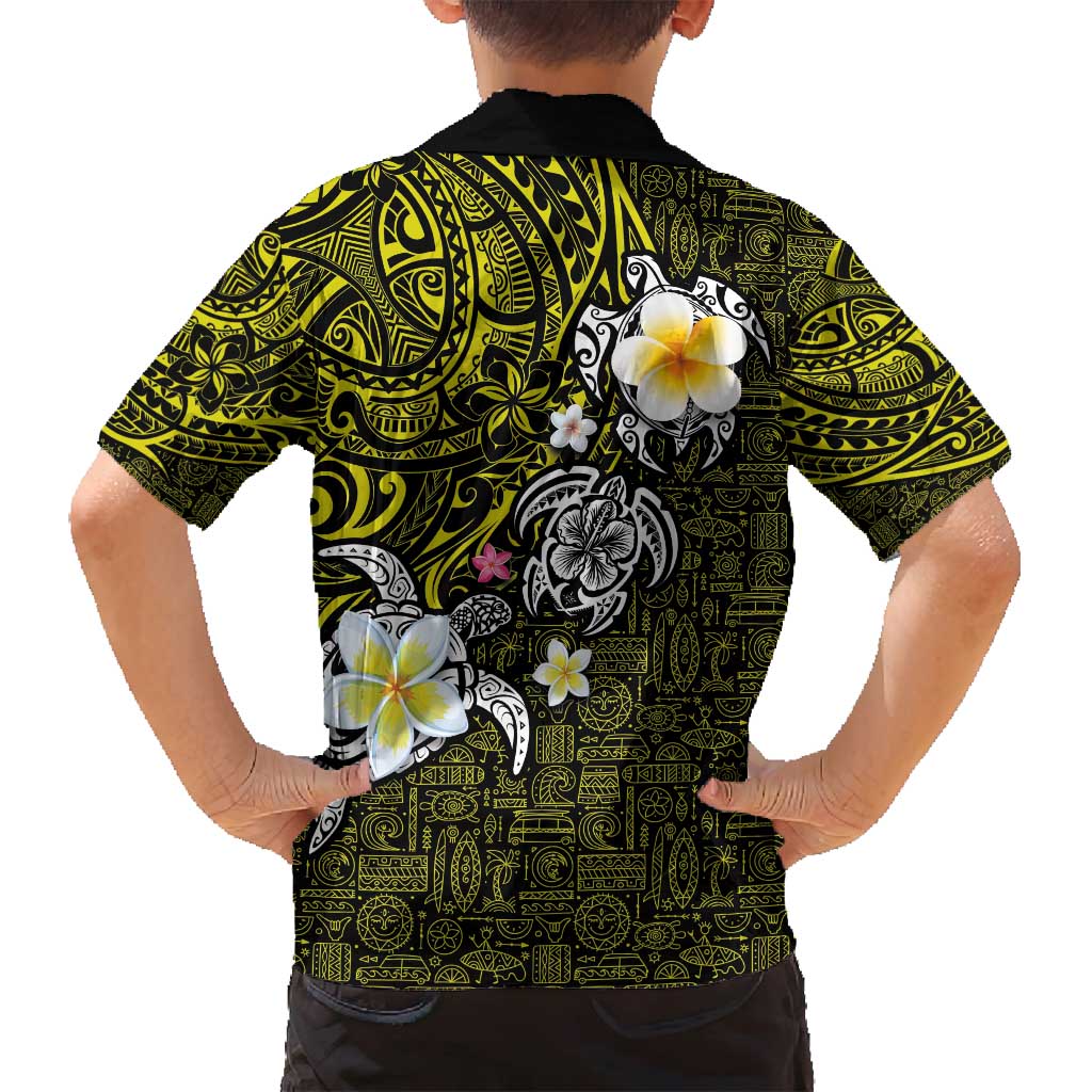 Hawaiian Turtle and Plumeria Family Matching Long Sleeve Bodycon Dress and Hawaiian Shirt Polynesian Tattoo and Tribal Elements Pattern Yellow Color LT03 - Polynesian Pride