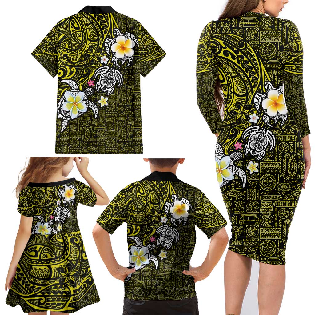 Hawaiian Turtle and Plumeria Family Matching Long Sleeve Bodycon Dress and Hawaiian Shirt Polynesian Tattoo and Tribal Elements Pattern Yellow Color LT03 - Polynesian Pride