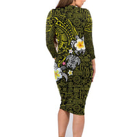 Hawaiian Turtle and Plumeria Family Matching Long Sleeve Bodycon Dress and Hawaiian Shirt Polynesian Tattoo and Tribal Elements Pattern Yellow Color LT03 - Polynesian Pride