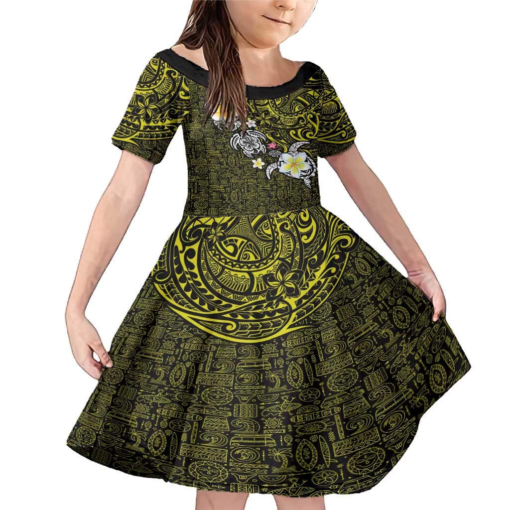 Hawaiian Turtle and Plumeria Family Matching Mermaid Dress and Hawaiian Shirt Polynesian Tattoo and Tribal Elements Pattern Yellow Color LT03 Daughter's Dress Yellow - Polynesian Pride