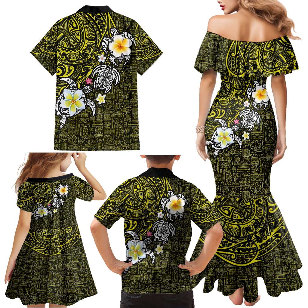 Hawaiian Turtle and Plumeria Family Matching Mermaid Dress and Hawaiian Shirt Polynesian Tattoo and Tribal Elements Pattern Yellow Color LT03 - Polynesian Pride