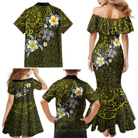 Hawaiian Turtle and Plumeria Family Matching Mermaid Dress and Hawaiian Shirt Polynesian Tattoo and Tribal Elements Pattern Yellow Color LT03 - Polynesian Pride