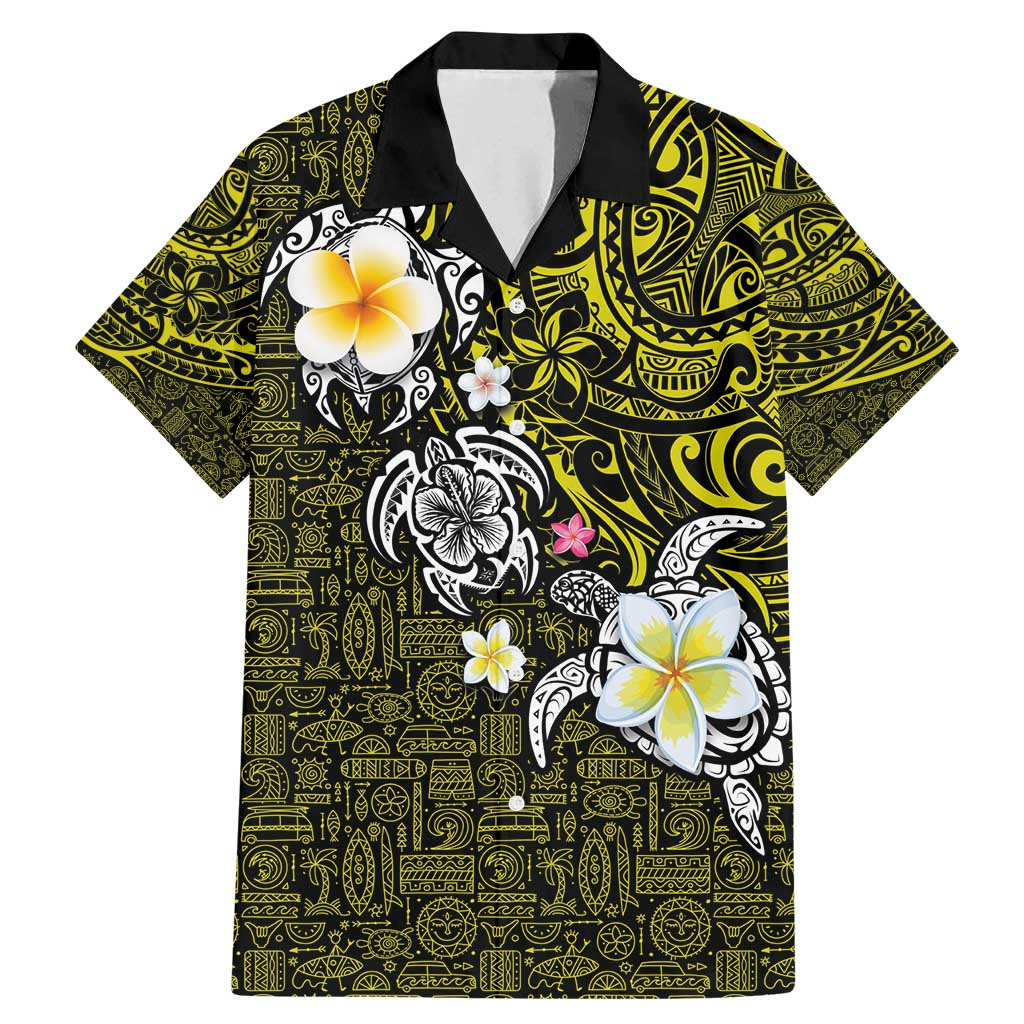 Hawaiian Turtle and Plumeria Family Matching Mermaid Dress and Hawaiian Shirt Polynesian Tattoo and Tribal Elements Pattern Yellow Color LT03 Dad's Shirt - Short Sleeve Yellow - Polynesian Pride