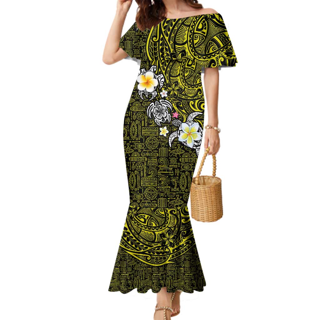 Hawaiian Turtle and Plumeria Family Matching Mermaid Dress and Hawaiian Shirt Polynesian Tattoo and Tribal Elements Pattern Yellow Color LT03 Mom's Dress Yellow - Polynesian Pride