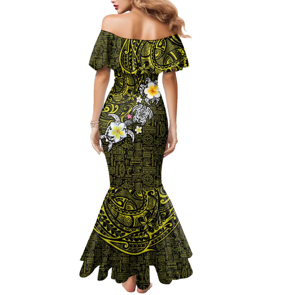 Hawaiian Turtle and Plumeria Family Matching Mermaid Dress and Hawaiian Shirt Polynesian Tattoo and Tribal Elements Pattern Yellow Color LT03 - Polynesian Pride