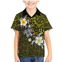 Hawaiian Turtle and Plumeria Family Matching Mermaid Dress and Hawaiian Shirt Polynesian Tattoo and Tribal Elements Pattern Yellow Color LT03 Son's Shirt Yellow - Polynesian Pride