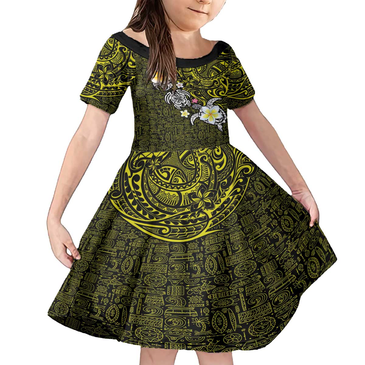 Hawaiian Turtle and Plumeria Family Matching Off The Shoulder Long Sleeve Dress and Hawaiian Shirt Polynesian Tattoo and Tribal Elements Pattern Yellow Color LT03 Daughter's Dress Yellow - Polynesian Pride