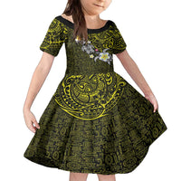 Hawaiian Turtle and Plumeria Family Matching Off The Shoulder Long Sleeve Dress and Hawaiian Shirt Polynesian Tattoo and Tribal Elements Pattern Yellow Color LT03 Daughter's Dress Yellow - Polynesian Pride