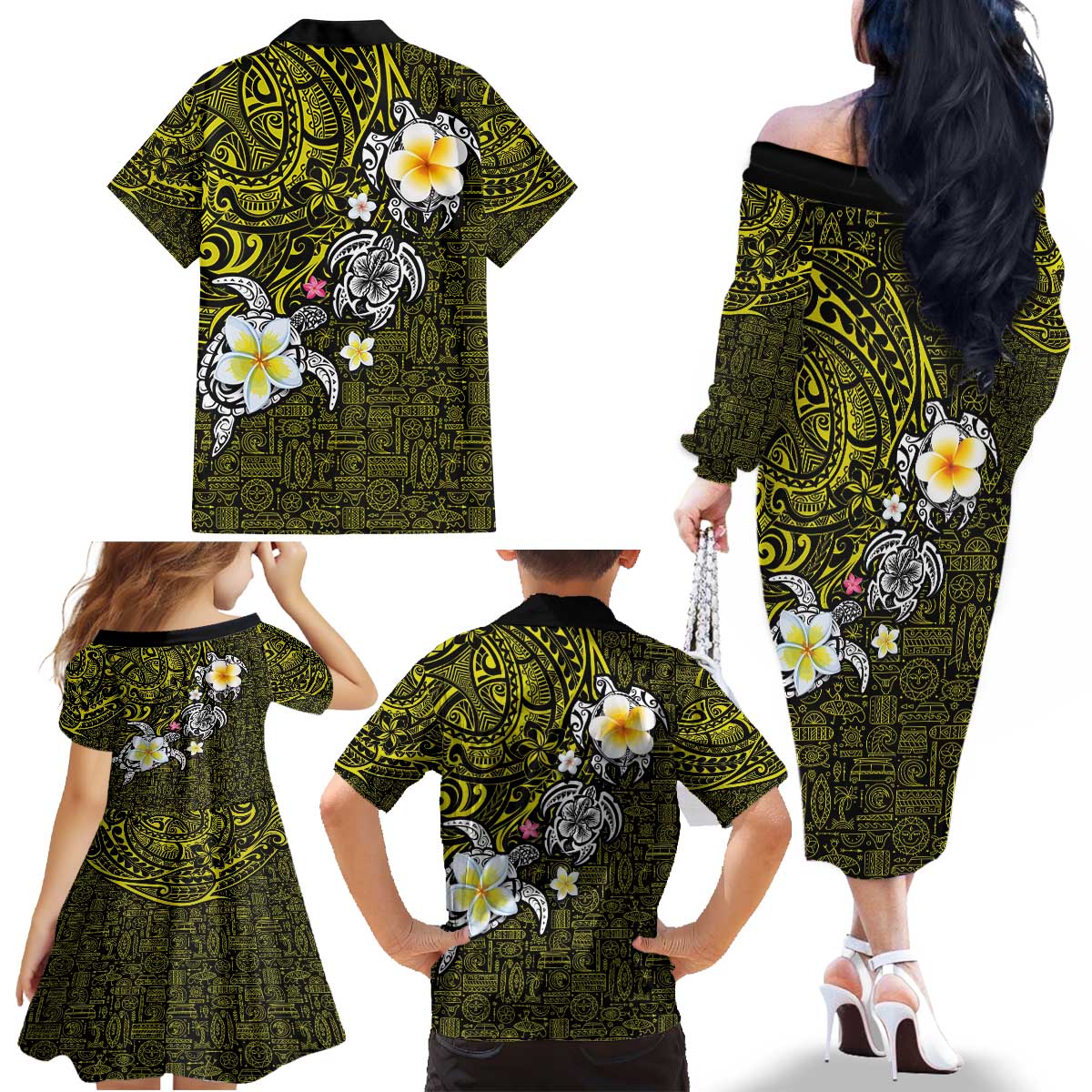 Hawaiian Turtle and Plumeria Family Matching Off The Shoulder Long Sleeve Dress and Hawaiian Shirt Polynesian Tattoo and Tribal Elements Pattern Yellow Color LT03 - Polynesian Pride