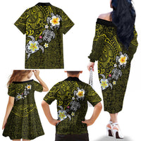 Hawaiian Turtle and Plumeria Family Matching Off The Shoulder Long Sleeve Dress and Hawaiian Shirt Polynesian Tattoo and Tribal Elements Pattern Yellow Color LT03 - Polynesian Pride