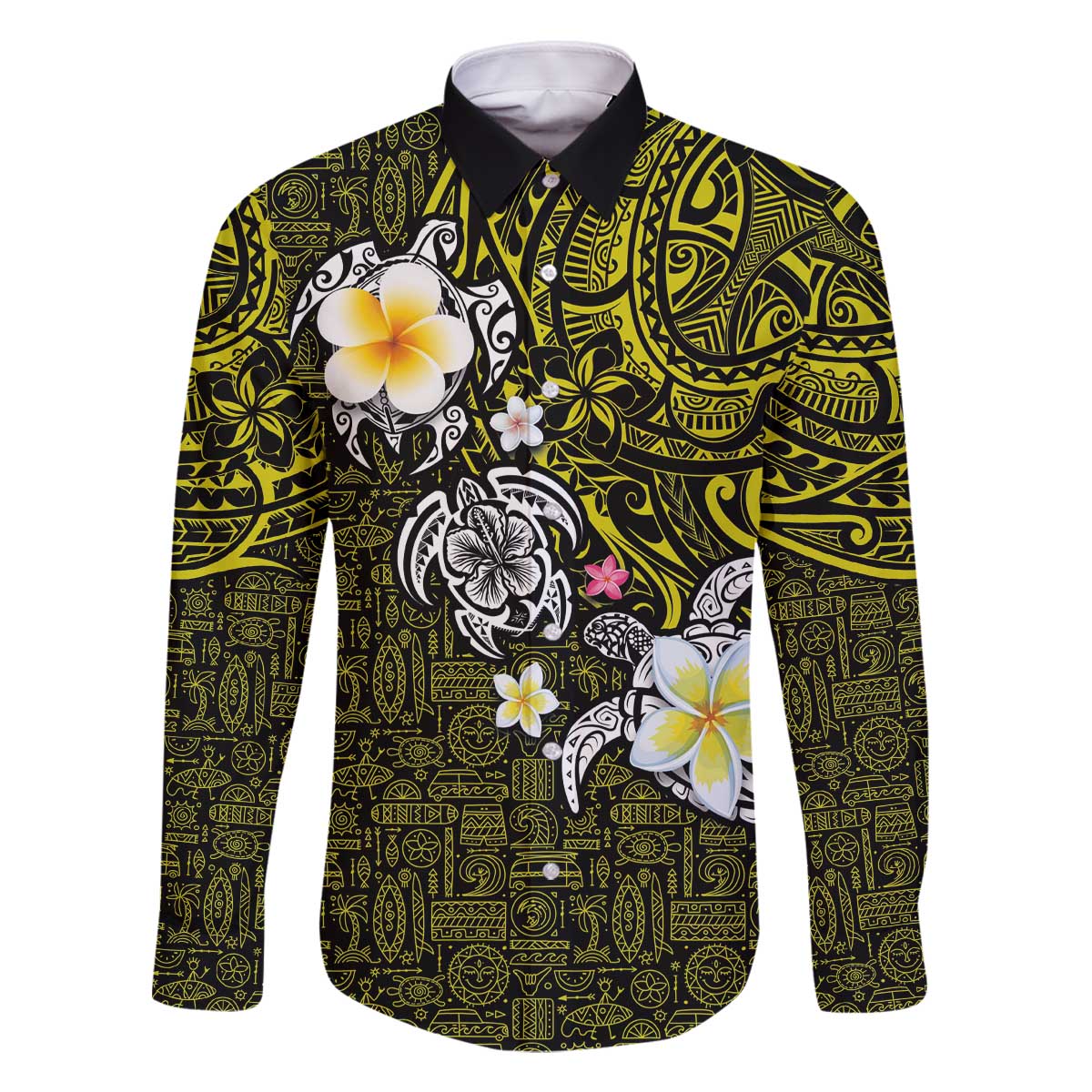 Hawaiian Turtle and Plumeria Family Matching Off The Shoulder Long Sleeve Dress and Hawaiian Shirt Polynesian Tattoo and Tribal Elements Pattern Yellow Color LT03 Dad's Shirt - Long Sleeve Yellow - Polynesian Pride