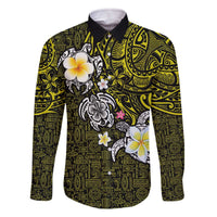 Hawaiian Turtle and Plumeria Family Matching Off The Shoulder Long Sleeve Dress and Hawaiian Shirt Polynesian Tattoo and Tribal Elements Pattern Yellow Color LT03 Dad's Shirt - Long Sleeve Yellow - Polynesian Pride