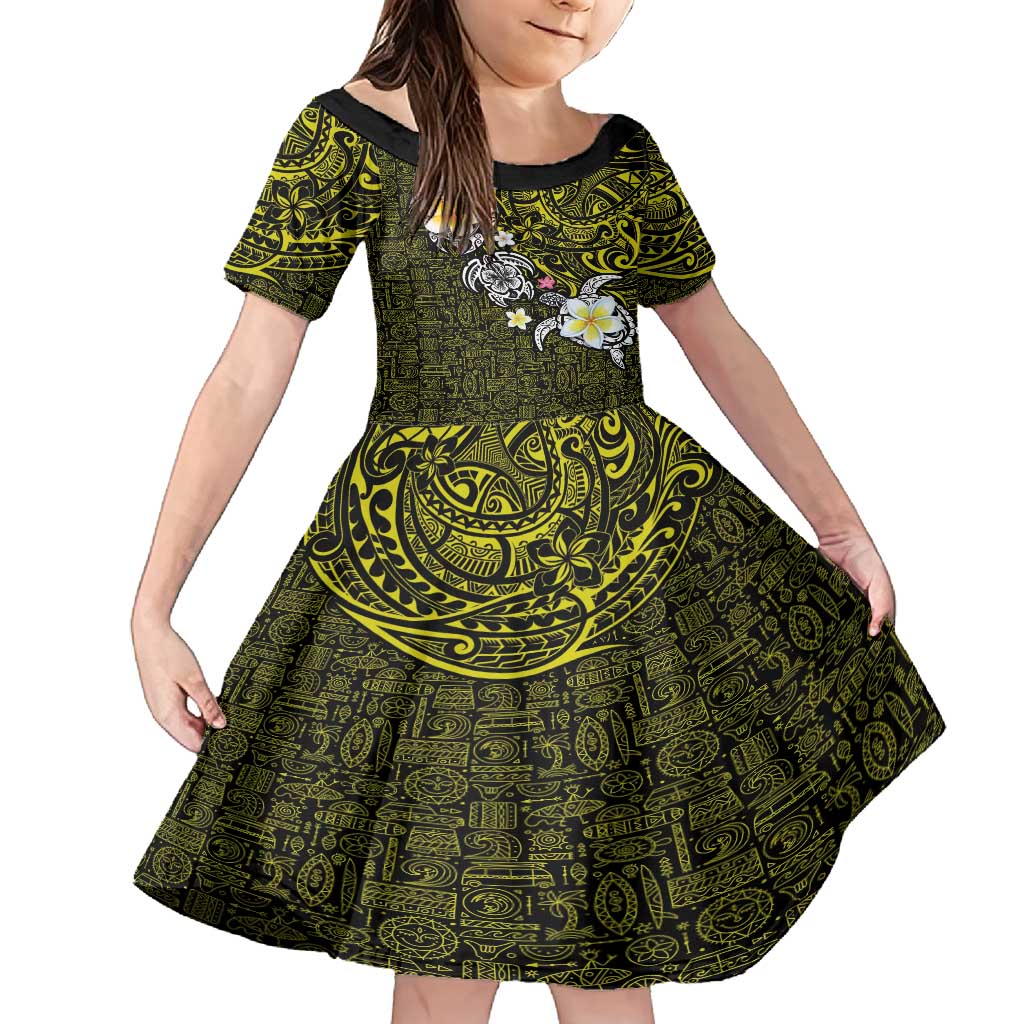 Hawaiian Turtle and Plumeria Family Matching Off Shoulder Maxi Dress and Hawaiian Shirt Polynesian Tattoo and Tribal Elements Pattern Yellow Color LT03 Daughter's Dress Yellow - Polynesian Pride